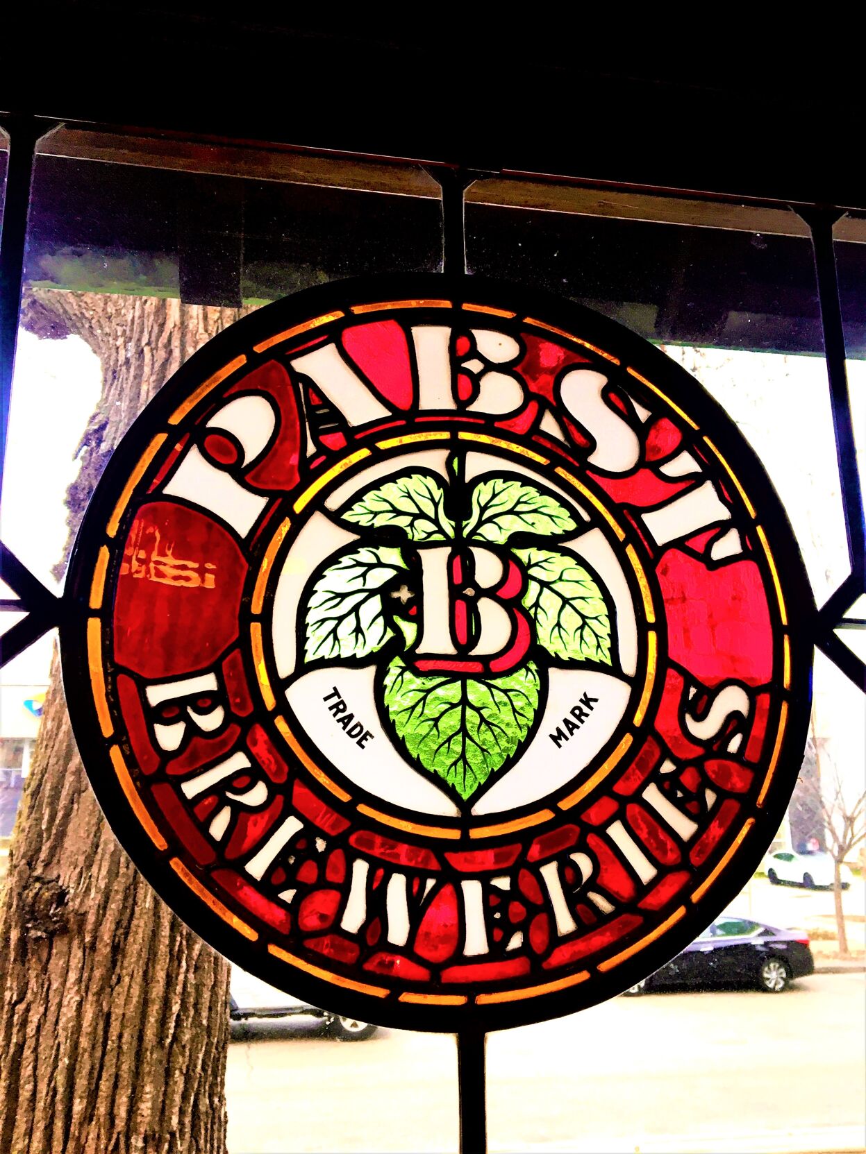 Stained glass Pabst Breweries logo at the former Pabst Brewing Co. gift shop in downtown Milwaukee